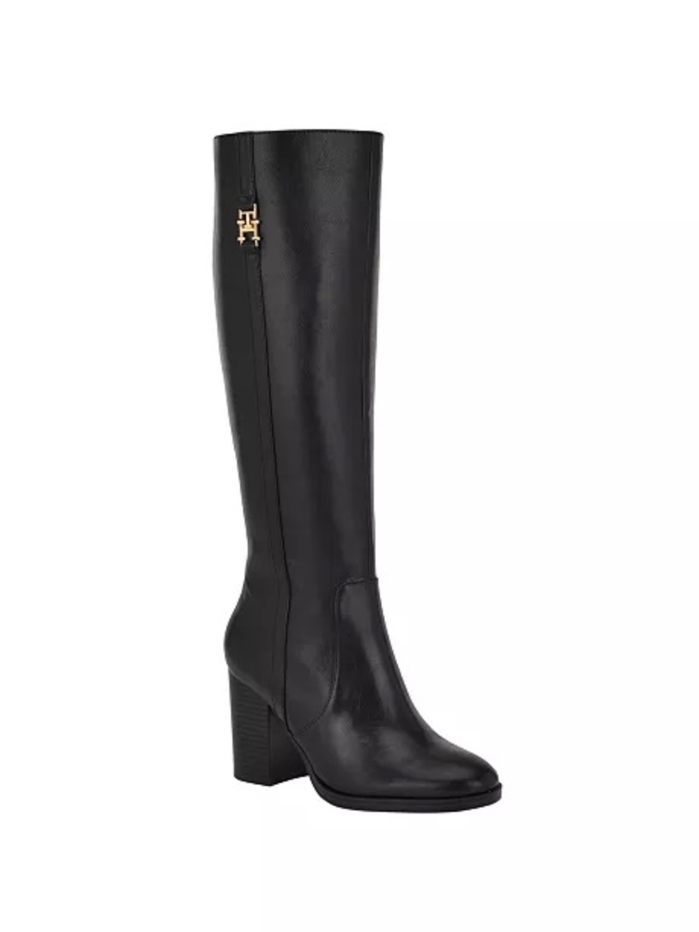 Tommy Hilfiger Black Knee-High Leather Block Heel Boots with Gold Logo